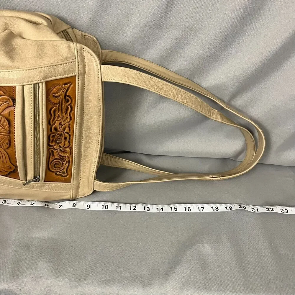 Women's Handbag‎ Tan Brown Leather Floral Embossed Double Handle Shoulder Bag
